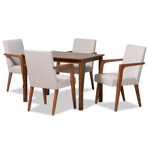 Baxton Studio Glenda Mid-Century Modern Greyish Beige Fabric and Walnut Brown Finished Wood 5-Piece Dining Set 187-7364-8959-Zoro - main
